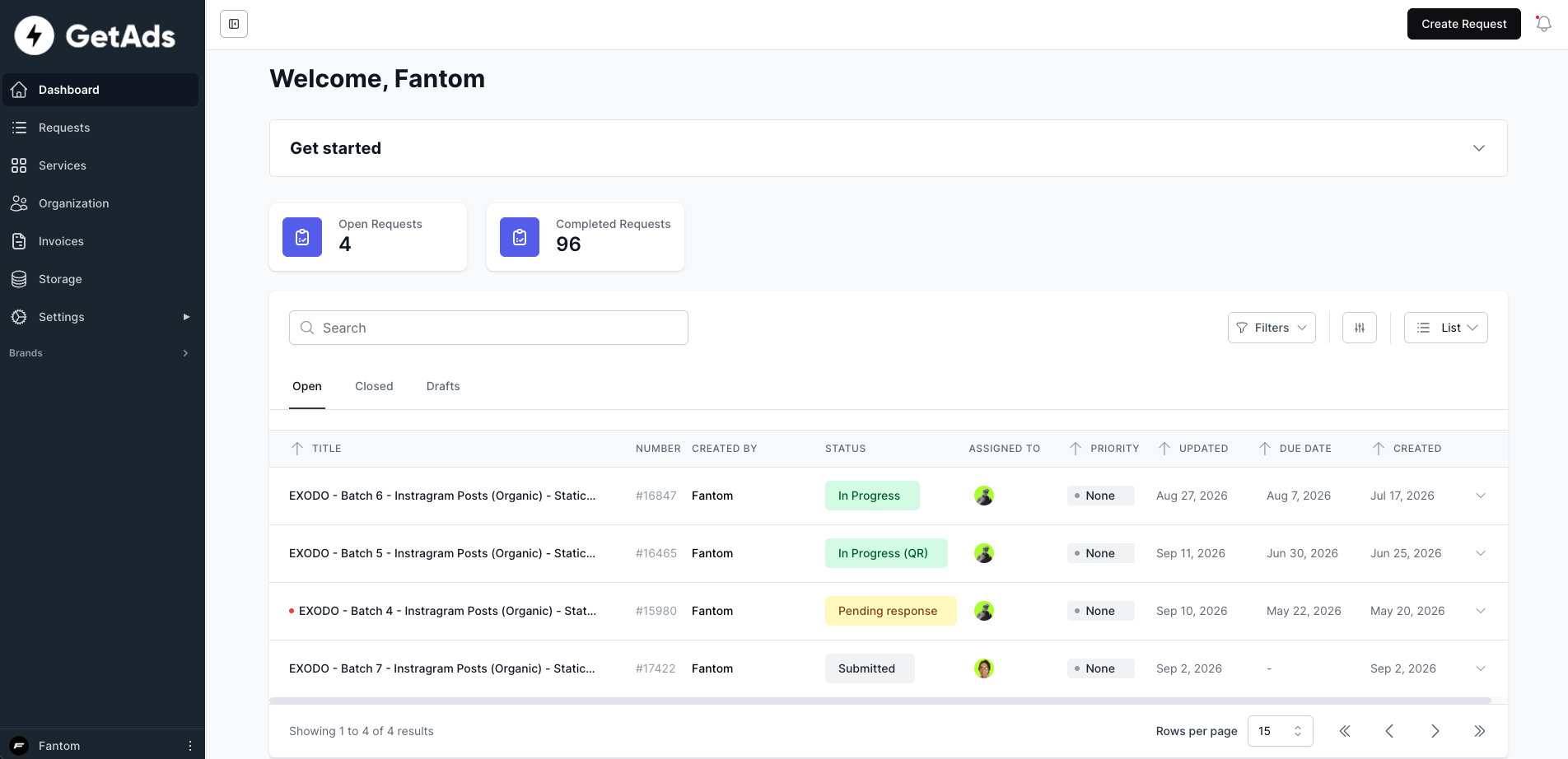 The GetAds client portal showing an active creative request